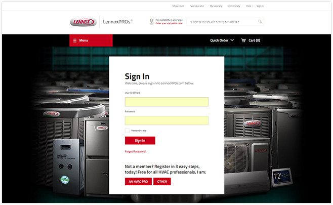 Lennoxpros login page.