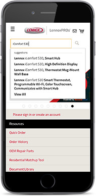 Mobile device showing product catalog on the Lennoxpros app.