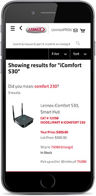 Mobile phone showing product pricing and availability on Lennoxpros app.