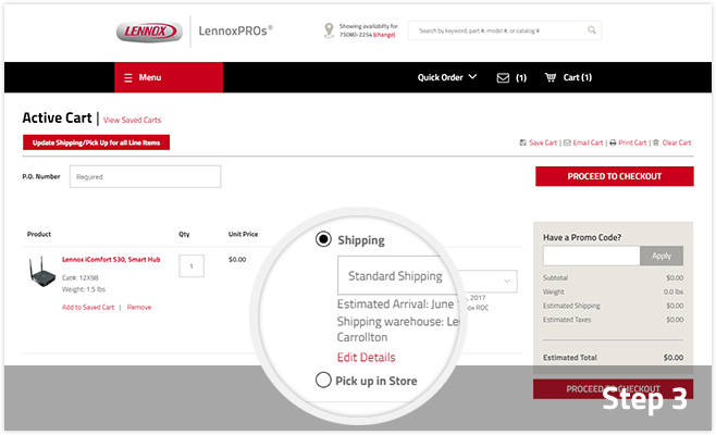 Cart checkout page on Lennoxpros.