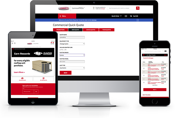 tablet, desktop, and mobile devices showing the HVAC commercial quick quote tool.