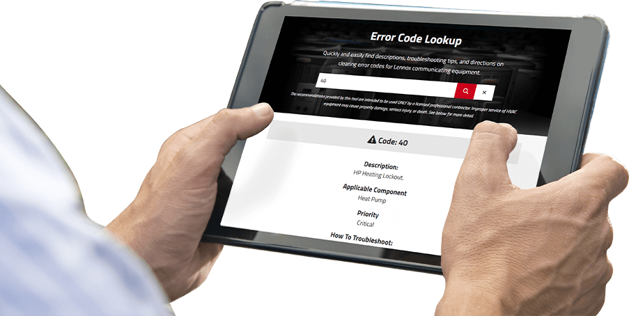 person holding tablet displaying the error code lookup tool on LennoxPros.