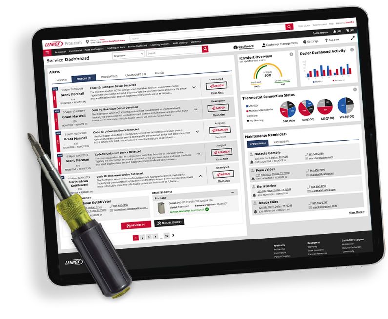 Tablet displaying HVAC system issue alerts on Lennoxpros service dahsboard.