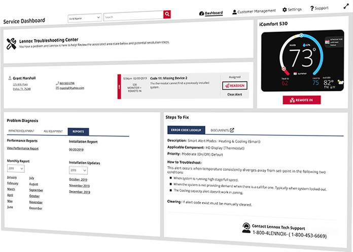 View of HVAC remote diagnostics on Lennoxpros service dashboard.