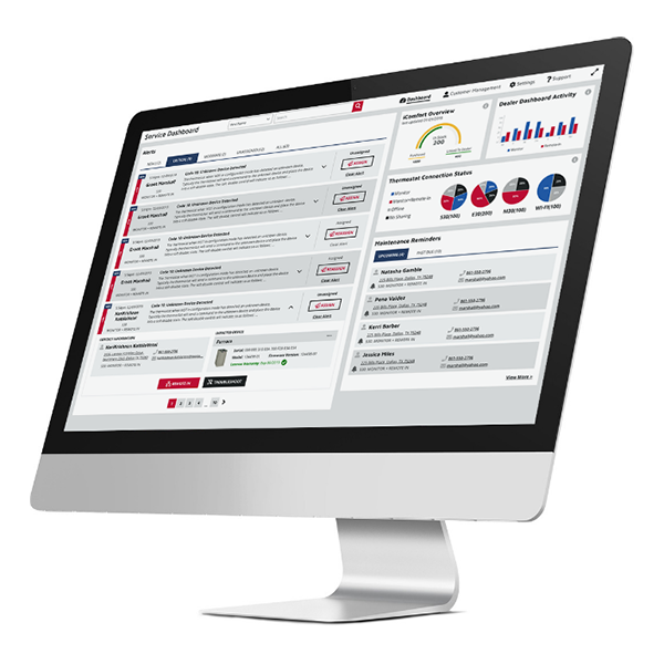 Desktop showing HVAC service and system alerts on Lennoxpros service dahsboard.