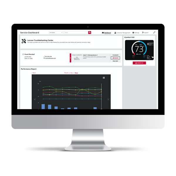 Desktop showing HVAC system performance charts on Lennoxpros service dashboard.