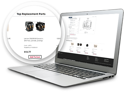 Laptop showing the top replacement parts for Lennox model number lookup