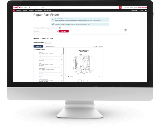 Mac displaying Lennox model number lookup on the new repair part finder tool