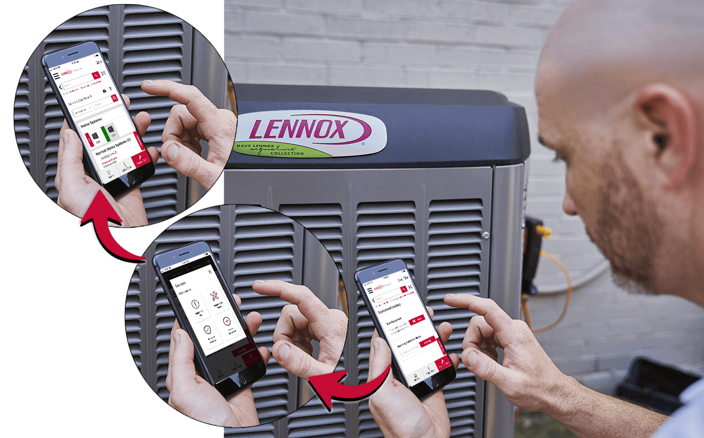 HVAC tech using Lennoxpros app on phone to service unit.