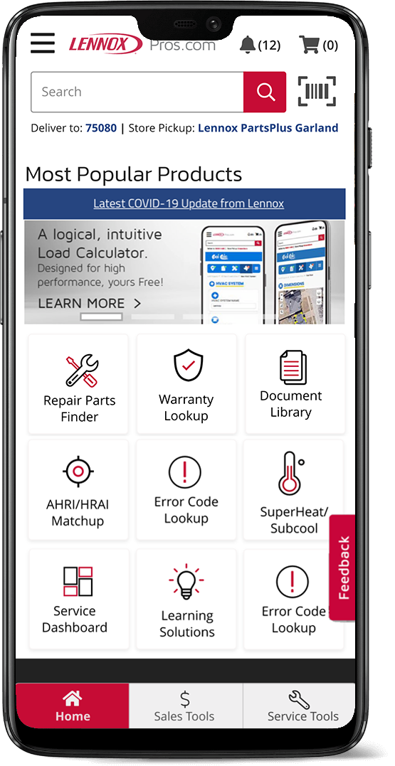 full view of Lennoxpros mobile app on phone.