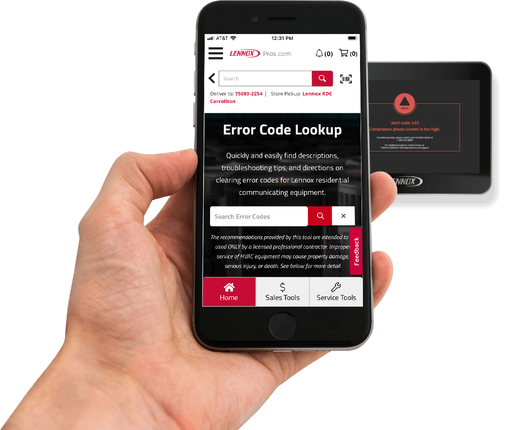 HVAC tech using error code lookup on the Lennoxpros app.