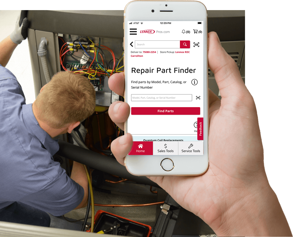 HVAC tech using repair part finder in Lennoxpros app on mobile device.