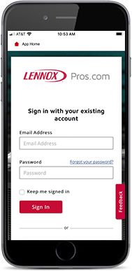 Lennoxpros login page on mobile phone.