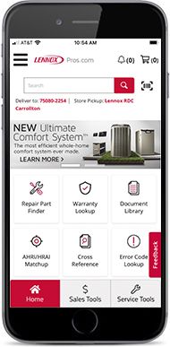 Mobile phone displaying warranty lookup among lennoxpros HVAC tools.
