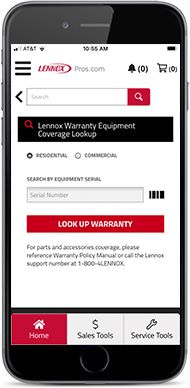 Lennox warranty look up tool on mobile device.