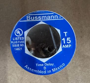 Bramec 5811, 15 Amp Plug Style; Dual-Element Time Delay Fuse, T Base, 125 VAC