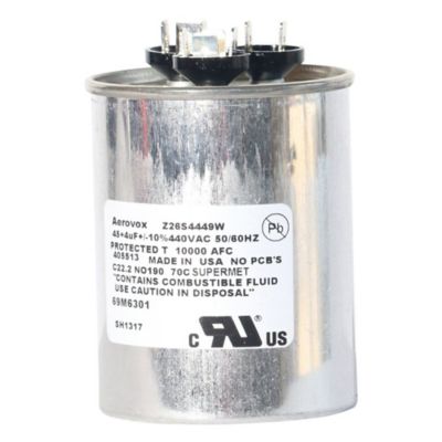 Lennox 69M6301, 45/4 MFD Dual Run Capacitor, 440 VAC, Round