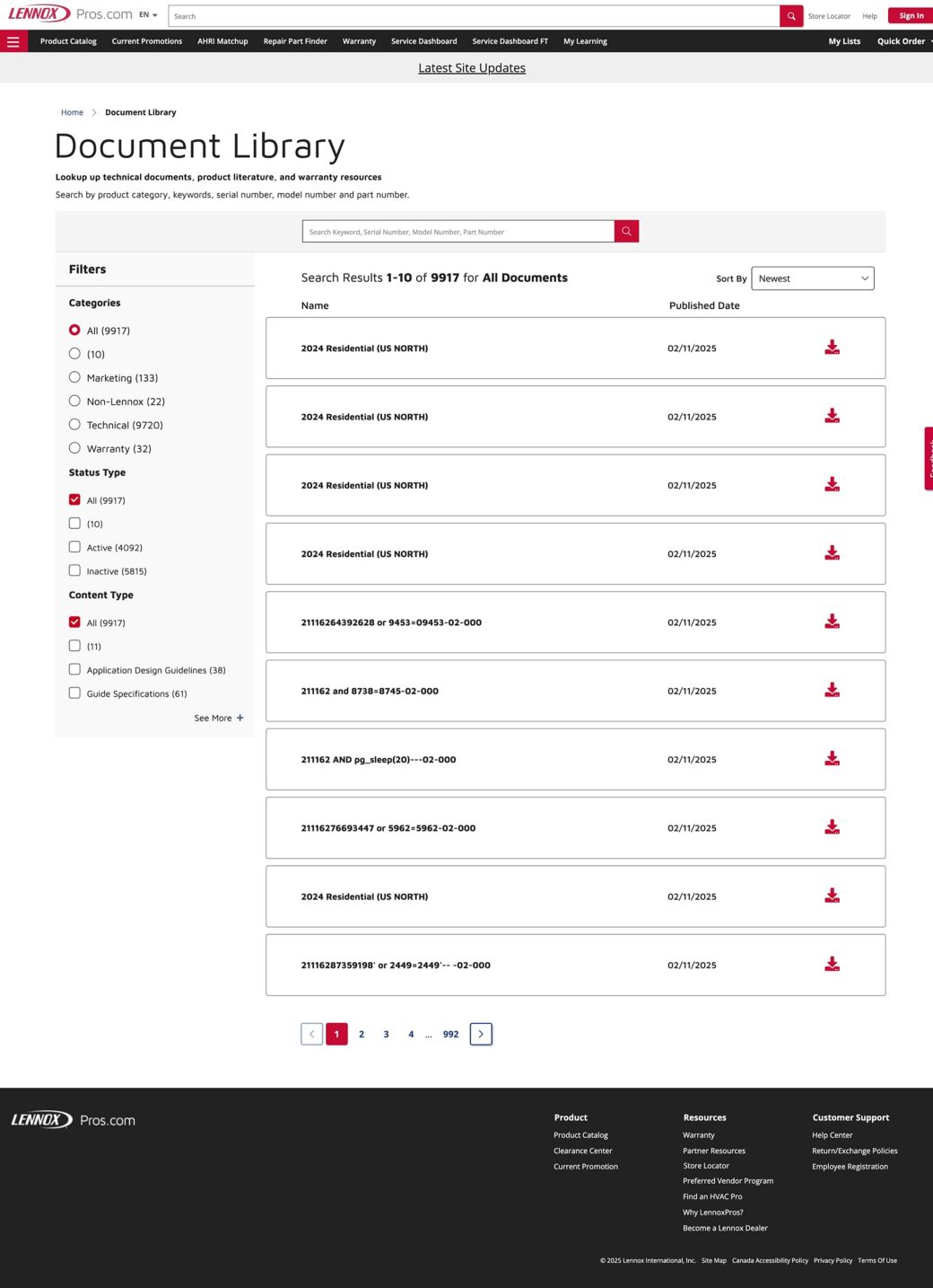 Search criteria feature in document library.