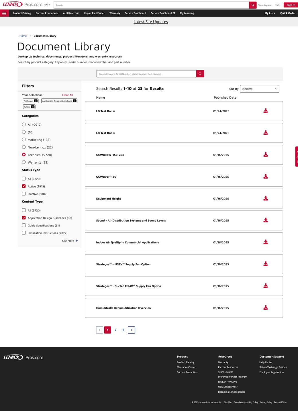 View of LennoxPros document library.