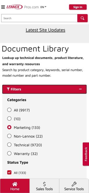 View of technical documents in document library on mobile device.