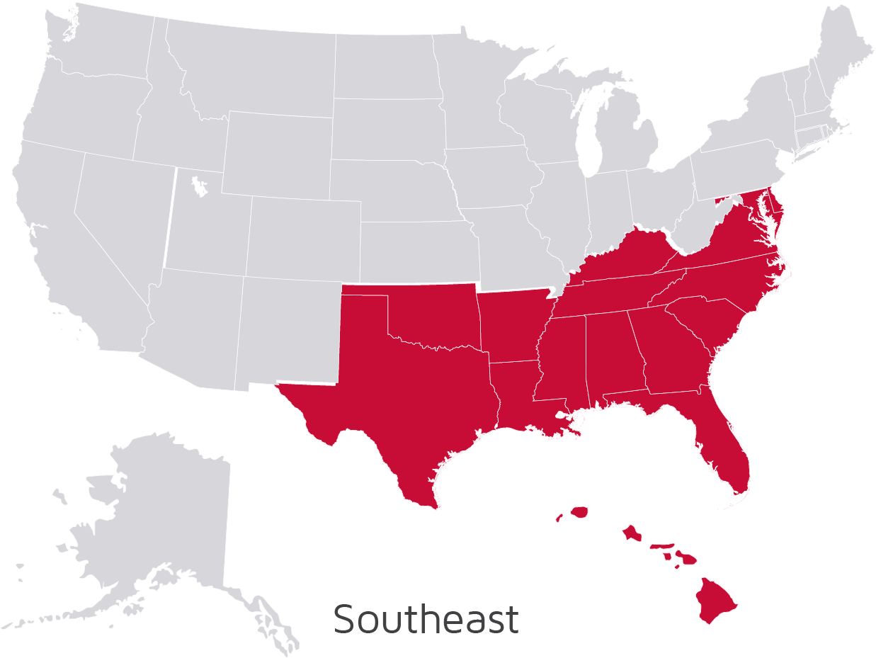 Map of U.S. highlighting efficiency standards update in the southeast region