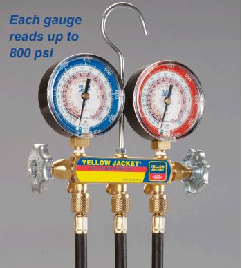 Yellow Jacket 42044 Heat Pump Manifold with 60” Black Hose Set, R-410A, R-22, and R-407C