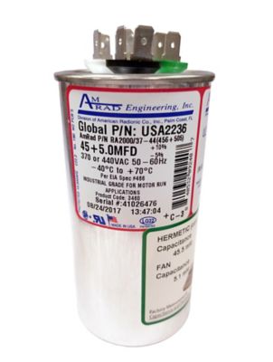 AmRad USA2236, 45/5 MFD Dual Run Capacitor, 440 VAC, Round