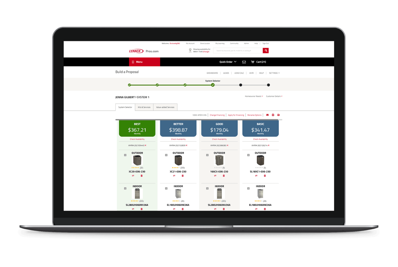 Lennoxpros HVAC proposal builder tool displayed on a laptop.